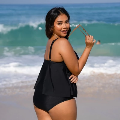 Women's V Neck Wrapped Plus Size Tankini Set - Cupshe - Image 3