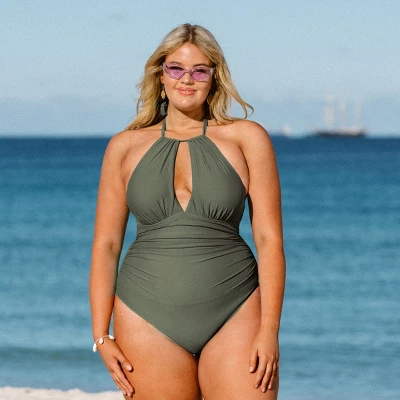 Women's Green Plus Size One Piece Ruched Cutout Halter Self Tied Bathing Suit - Cupshe -Olive