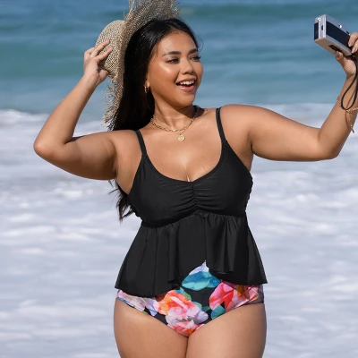 Women's Plus Size Flutter High Waist Tankini Set - Cupshe - Image 2