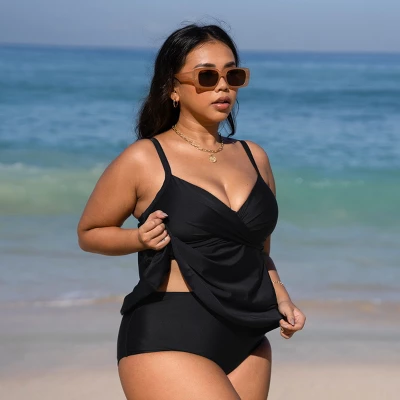 Women's V Neck Wrapped Plus Size Tankini Set - Cupshe - Image 2