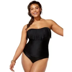 Swimsuits For All Women’s Plus Size Fringe Bandeau One Piece Swimsuit