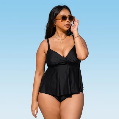 Women's V Neck Wrapped Plus Size Tankini Set - Cupshe - Image 6