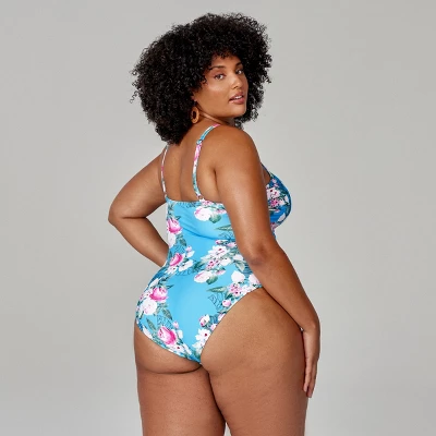 Women's Plus Size Floral Strappy V Neck One Piece Swimsuit - Cupshe-Blue - Image 2