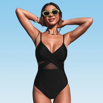 Women's V Neck One Piece Swimsuit Crisscross Mesh Mid Cut Bathing Suit-Cupshe - Image 6