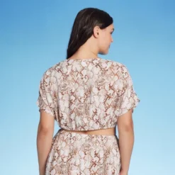 Women's Tie-Front Short Sleeve Cover Up Crop Top - Shade & Shoreâ„¢ Tan Snake Print