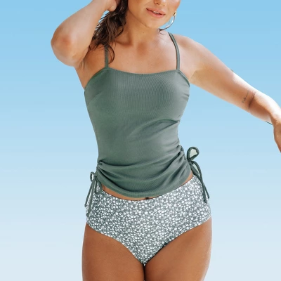 Women's Rib Ruched Drawstring High Waist Tankini Set - Cupshe - Image 4