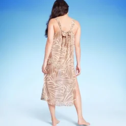Women's Tie Back Cover Up Midi Dress - Kona Sol™ Tan Palm Print