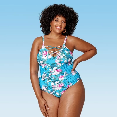 Women's Plus Size Floral Strappy V Neck One Piece Swimsuit - Cupshe-Blue - Image 6