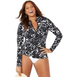 Swimsuits For All Women’s Plus Size Chlorine Resistant Zip Up Swim Shirt