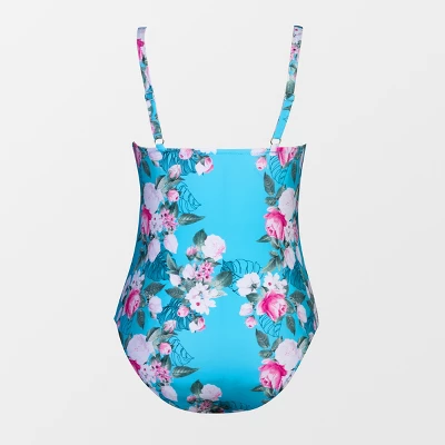 Women's Plus Size Floral Strappy V Neck One Piece Swimsuit - Cupshe-Blue - Image 3